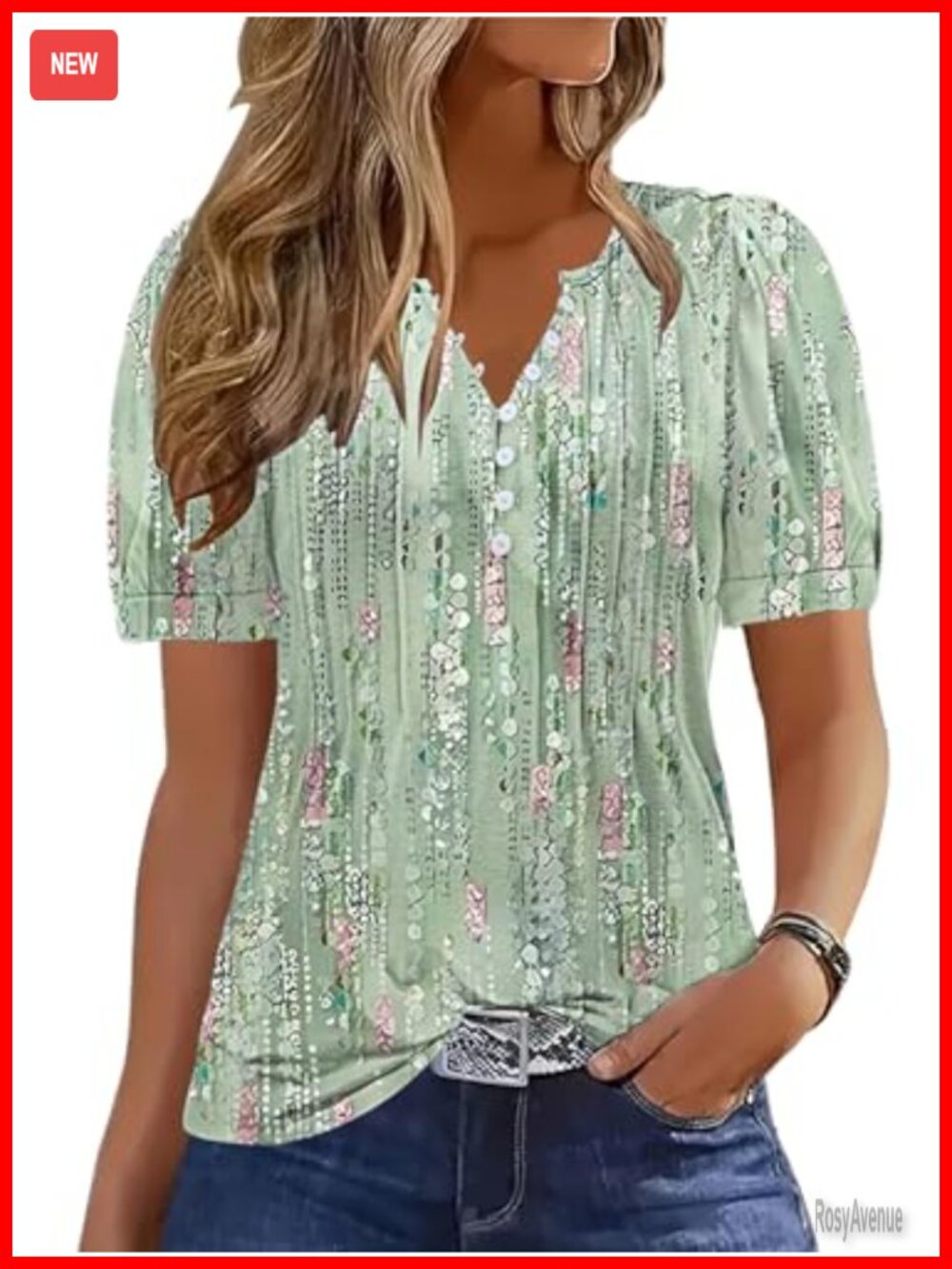 Women's Short Sleeve V-Neck Blouse Lace Trim Button Down Pleated Loose Fit